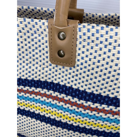 SHIRALEAH Chicago Ria Woven Paper Tote Bag Purse Striped Pompoms NWT - Picture 10 of 13